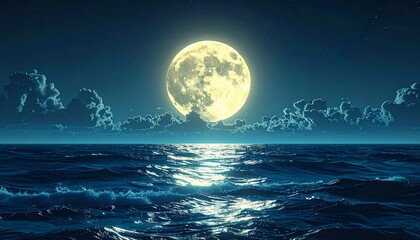 Night seascape lit by a huge, glowing moon and its reflection on the rippling water