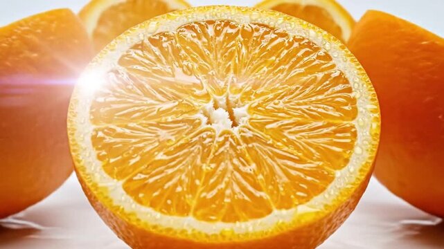 A vibrant close-up shot captures multiple halves of fresh, ripe oranges, glistening with natural juices. Bright, refreshing liquid splashes down onto the juicy pulp, creating a dynamic and invigoratin