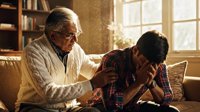 Emotional support between a grandfather and grandson during a difficult time in a cozy living room setting