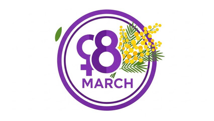 Obraz premium International women's day logo with purple symbol and flowers on white background for march 8th celebration