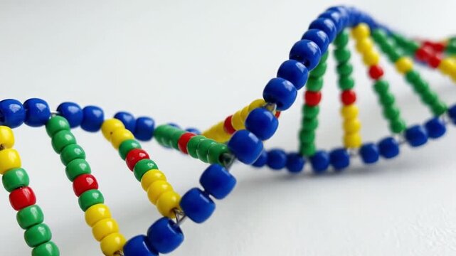 A vibrant, colorful model of a double helix structure, resembling deoxyribonucleic acid (DNA), stands out against a clean white background. This detailed scientific representation is crafted from an a