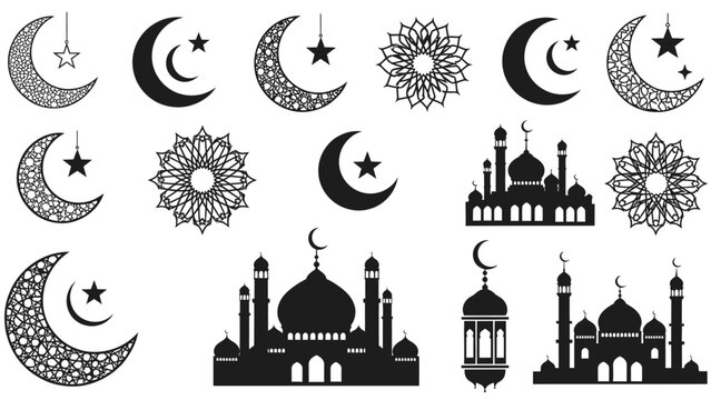 Islamic Symbols: Crescent Moons, Stars, Mosques, and Lanterns Collection
