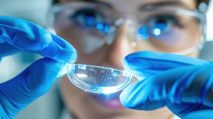 Young scientist examines contact lens with blue gloves in laboratory setting, showcasing advanced optical technology for eye care
