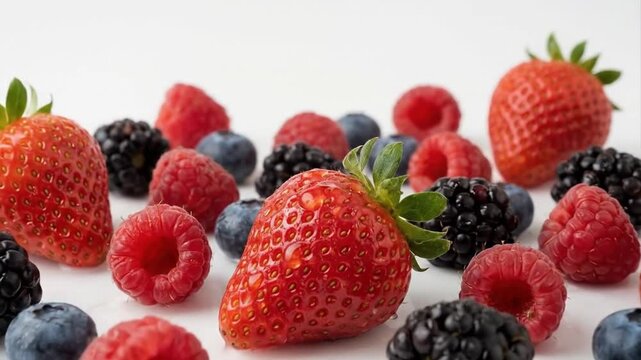 A vibrant medley of fresh, ripe berries, including succulent strawberries, plump raspberries, juicy blueberries, and dark blackberries, are scattered across a pristine white background. Each berry is 