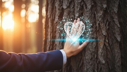 Businessman hand touching a tree trunk with a glowing digital heart hologram in a forest during sunset for environmental care and sustainability concept