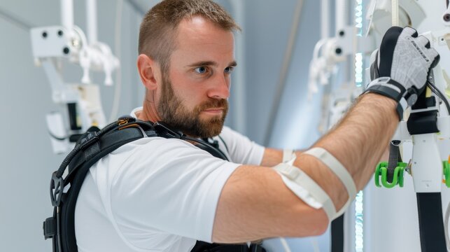 Innovative Male Researcher in Advanced Robotic Exoskeleton Suit Engaging with Cutting-Edge Equipment in Modern Laboratory Setting