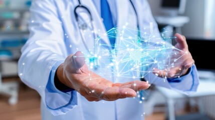 Medical professional demonstrating futuristic digital healthcare technology with holographic interface in hands