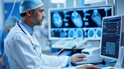 Medical professional analyzing diagnostic images in a high-tech healthcare environment with advanced radiology equipment