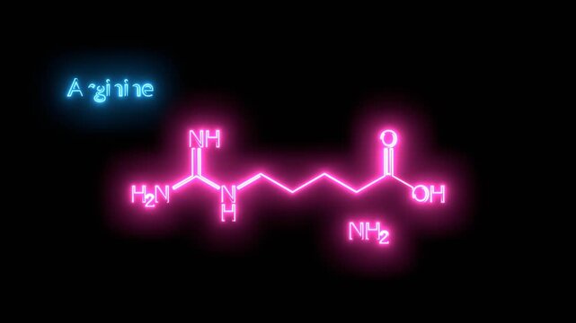 Arginine molecule amino acid chemical skeletal structural formula. Neon glowing.