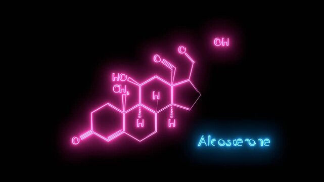 Structural chemical formula of aldosterone. Aldosterone mineralocorticoid hormone, produced by the adrenal gland. Neon glowing. Neon glowing.