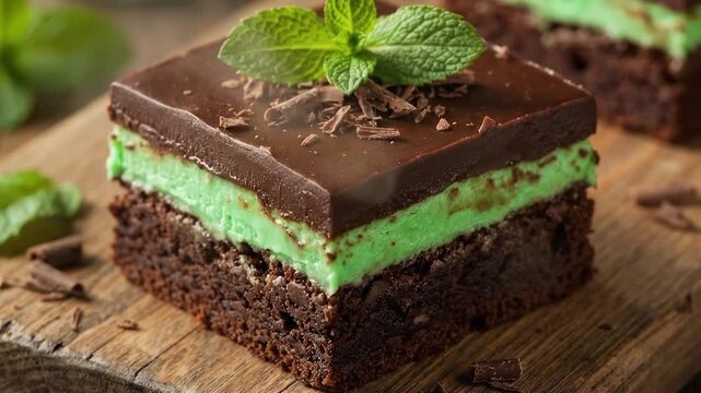 A visually appealing closeup captures a decadent layered dessert, featuring a rich, moist chocolate brownie base topped with a vibrant, refreshing green mint cream layer, finished with a smooth, gloss