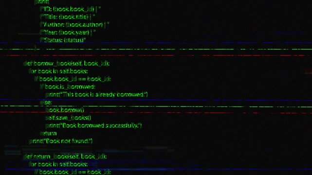 A simple source code text animation, with an intentional distortion glitch effect. Useful as texture overlay or inside a computer monitor. Base flat scrolling, colored words on a black background.