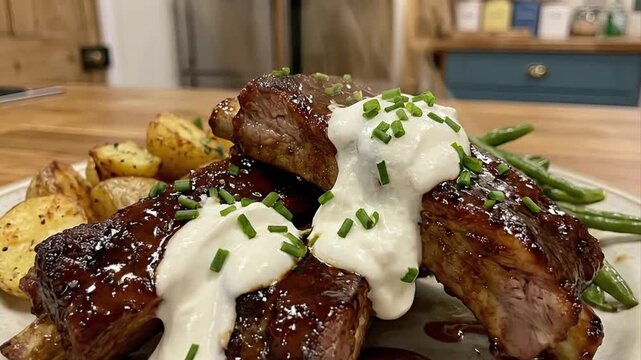 A visually appealing plate of glistening, slow-cooked ribs, generously coated in a rich, savory glaze, and beautifully topped with a dollop of creamy white sauce, then sprinkled with fresh green chive