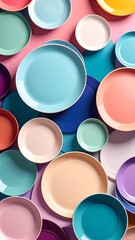 Assortment of colourful ceramic plates arranged on a pink surface. Various sizes and shades for a lively presentation