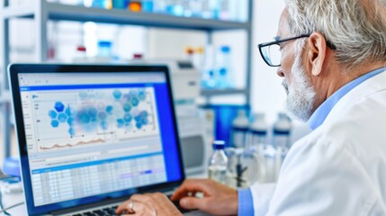 Senior scientist analyzing data on computer in modern laboratory with medical equipment and research materials nearby