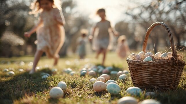 Happy children running during traditional Easter egg hunt in garden
