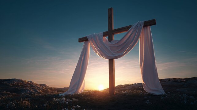 Wooden cross draped in white cloth against sunrise symbolizing resurrection