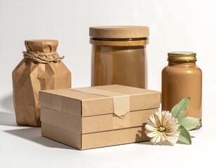Assortment of containers and a box of various sizes and shapes, all in tones of brown, on a white surface with shadows