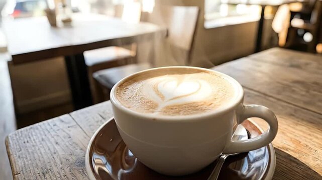 A warm, inviting close-up shot of a meticulously crafted latte or cappuccino, featuring delicate heart-shaped latte art atop a rich, frothy milk surface. The ceramic mug sits on a textured wooden tabl