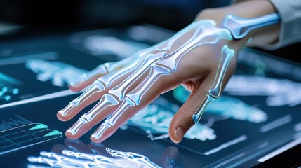 Human hand with digital skeletal overlay showcasing advanced medical imaging technology and innovative healthcare concepts
