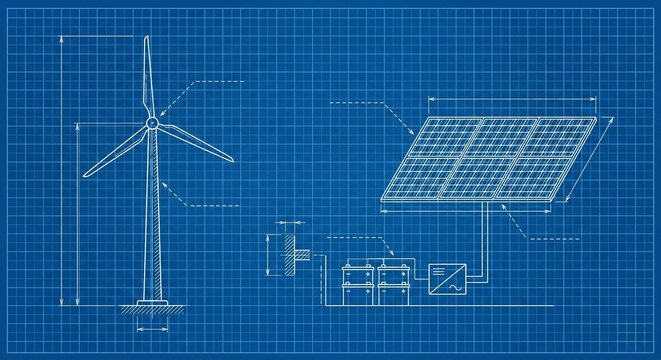 Technical blueprint diagram of wind turbine and solar panel system, architectural engineering illustration