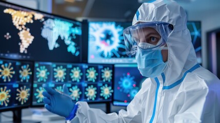 Scientist in Protective Gear Analyzing Data on Multiple Screens in Laboratory Environment