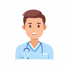 Fototapeta premium Friendly doctor portrait smiling in blue uniform with stethoscope around neck in studio shoot for medical illustration