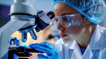 Young Female Scientist Analyzing Samples Under Microscope in a Modern Laboratory Environment