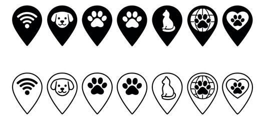 Line art and solid map pins set featuring pet and wifi symbols for various services