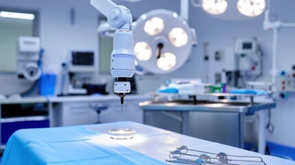 Naklejka premium Advanced Robotic Surgical Equipment in Modern Operating Room with Surgical Instruments and Bright Lighting