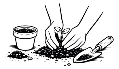 Hand drawn line art illustration of a gardening scene depicting hands planting a seedling for growth and spring