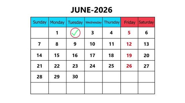 The date June 2, 2026, marked with a red circle on the wall calendar animation. Business Basics Wall Calendar Planner and Organizer.