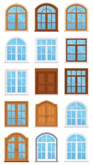 Assortment of diverse architectural windows in various styles, showcasing arched and rectangular designs, with glass panels