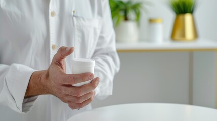 Professional holding a container of skincare product in a modern clinic environment with green plants in the background