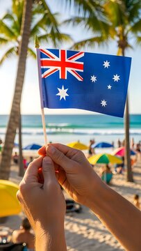 Australian flag waving on a sunny beach with palm trees and people enjoying colorful umbrellas and ocean waves in the background