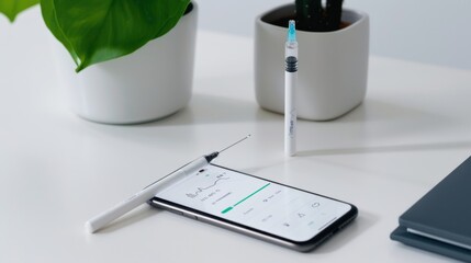 Modern workspace featuring smartphone, smart pen, plant, and minimalistic design elements for productivity and creativity