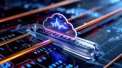 Futuristic Cloud Computing Concept with Digital Data Visualization and Sound Wave Graphic in a High-Tech Setting