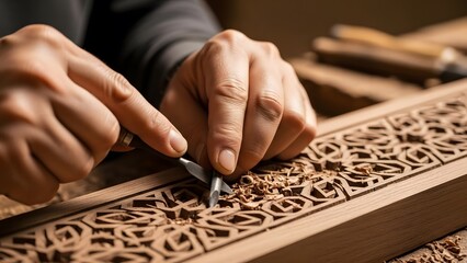 Skilled Craftsman Carving Intricate Wooden Pattern.