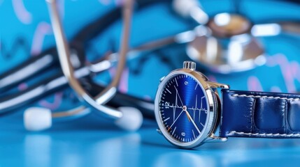Elegant Blue Watch with Stethoscope and Medical Chart Background in Healthcare Setting
