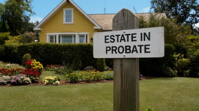 Real Estate Scene: House with Estate in Probate Sign, Beautiful Landscaping and Blue Sky