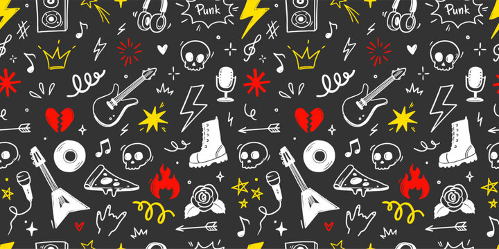 Rock music seamless pattern with guitar, skull, punk symbols. Hand drawn doodle grunge stickers featuring stars, roses and lightning bolts for rock music festival background. Vector illustration