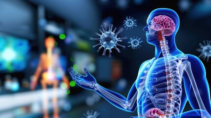Human Anatomy Model with Virus Illustration in Scientific Laboratory Environment