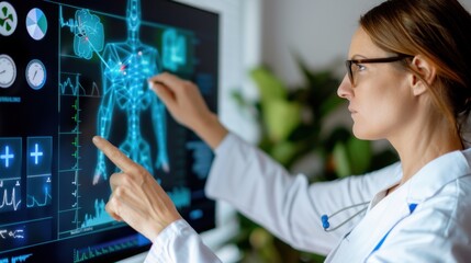 Medical professional analyzing advanced digital health interface with detailed biometric data and human anatomy visualization