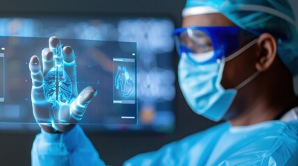 Medical Professional Analyzing 3D Brain Scan on Digital Screen in Modern Healthcare Environment