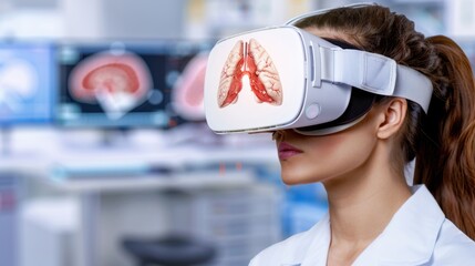 Female Medical Professional Using Virtual Reality Headset for Medical Training in Modern Healthcare Facility