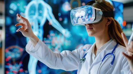Female Doctor Engaged in Virtual Reality Medical Training in Lab Environment, Exploring Innovative Technology for Healthcare