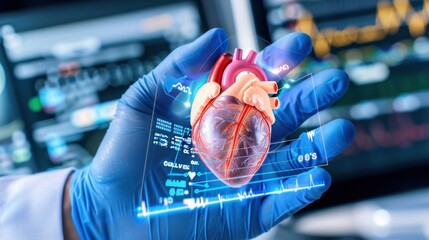 Medical Professional Holding 3D Heart Model with Data Display in Modern Clinical Environment