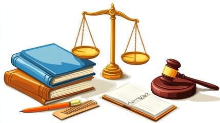 Law books, scales, gavel, legal concepts, illustration, justice, background, objects