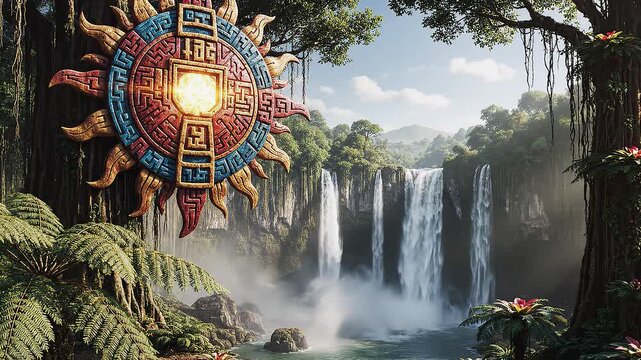 Mystical Mayan Sun Stone at Tropical Waterfall, Jungle Background Landscape Scene