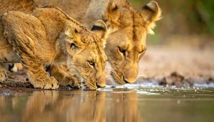 Close-up of two felines drinking water from a reflective pool. Soft focus on the animals